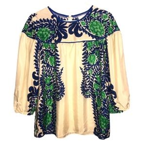 Anna Sui For Anthropologie 100% silk blouse size 6 cream w blue/green floral